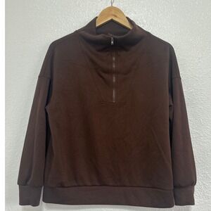 Pinspark Women Brown Quarter Zip Mock Neck Pullover Sweatshirt Size PM